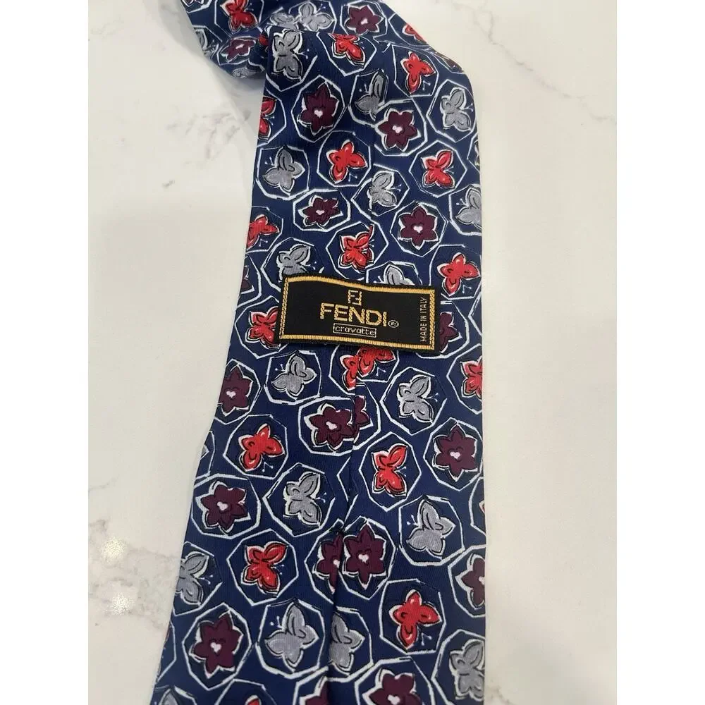 FENDI Italian Men’s Tie 3.5” Silk Navy Floral Geometric Hand Sewn Designer